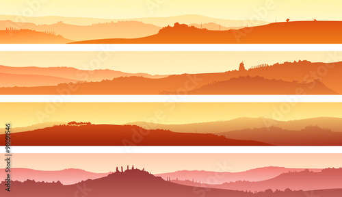 Horizontal banners of landscape of valley with manors at sunset.