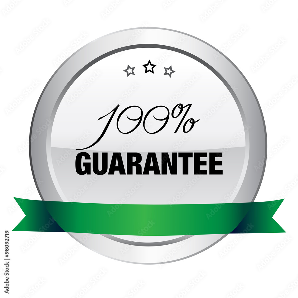 100% guarantee seal or icon. Silver seal or button with stars and green banner. 100% guarantee seal or icon. Silver seal or button with stars and green banner.