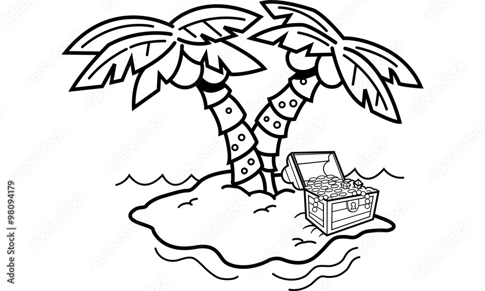 Black and white illustration of an island with palm trees and a ...
