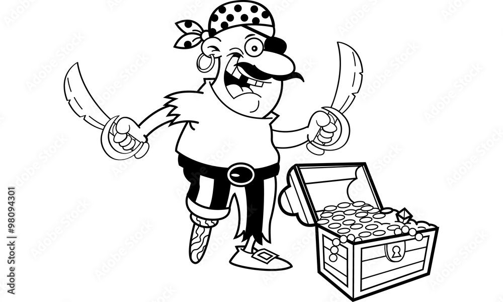 Cartoon illustration of a pirate with a treasure chest.