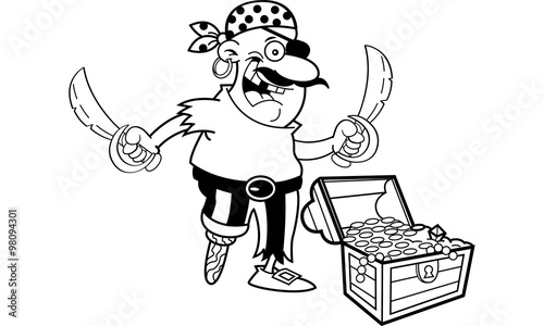 Cartoon illustration of a pirate with a treasure chest.