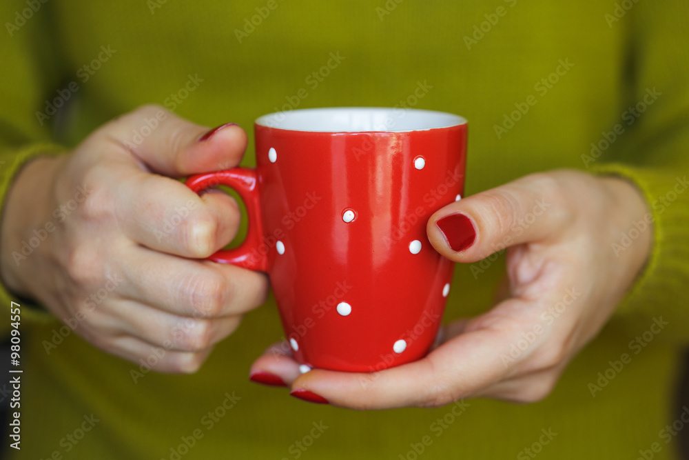 Obraz premium Woman hands holding a cozy red mug