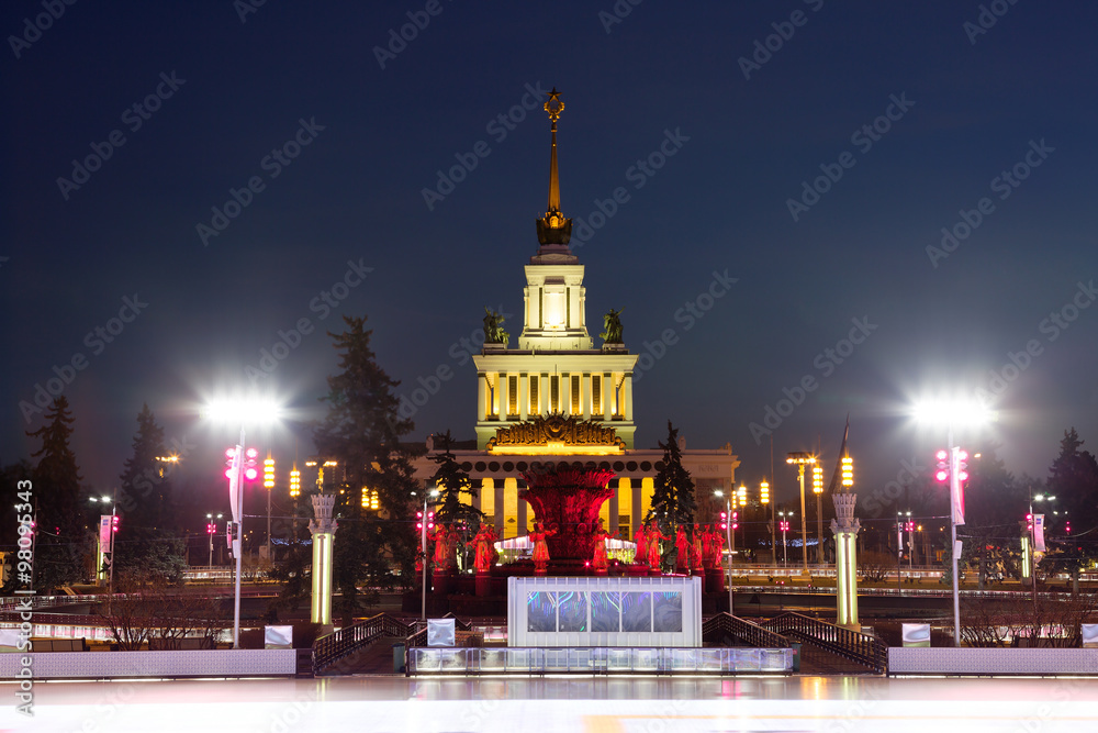 Fototapeta premium Ледовый каток в Москве новогодним зимним вечером.