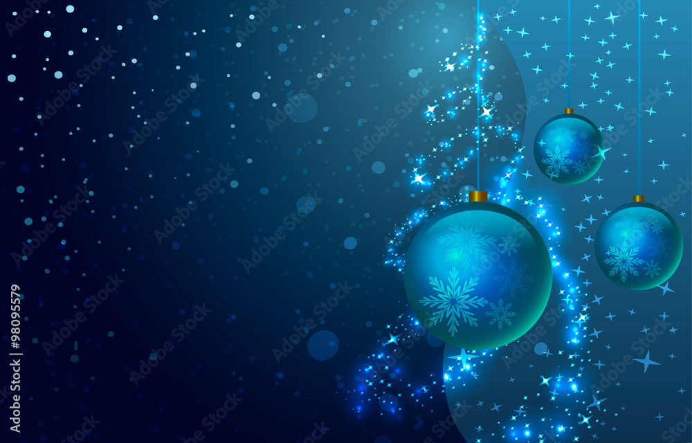 Vector illustration. Christmas toys on a background of illuminated Christmas tree and snow.