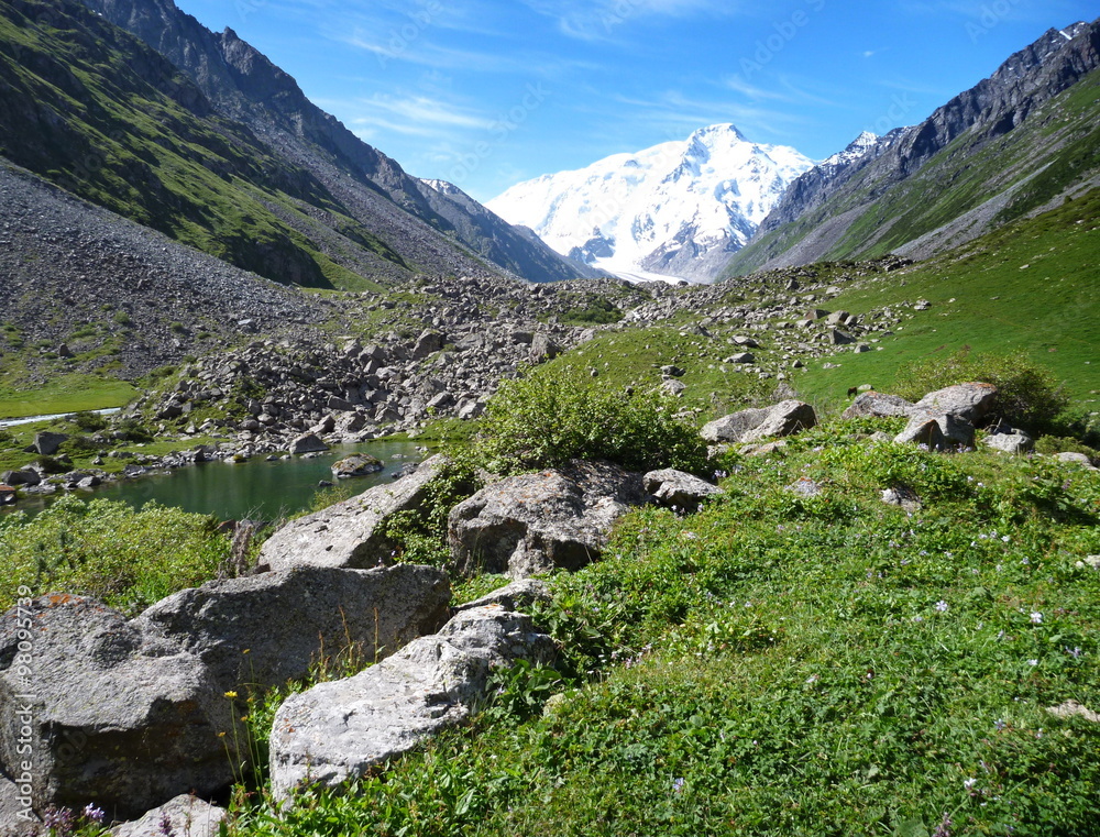 Fototapeta premium mountain valley with snow capped mount Karakol at the end