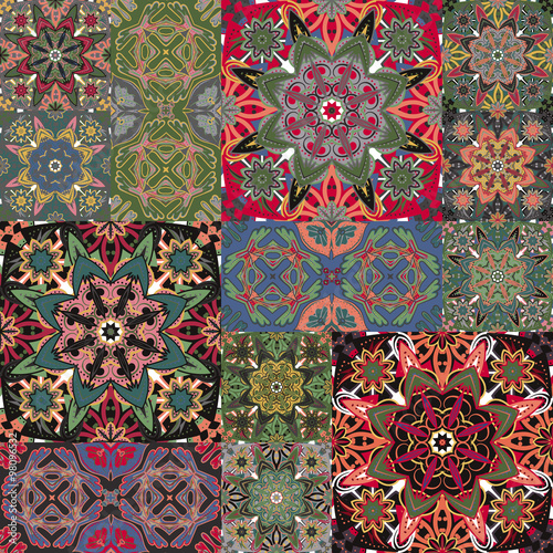 Seamless floral patchwork pattern. Vector checkered backgrounds set. Abstract textures with tile in east style