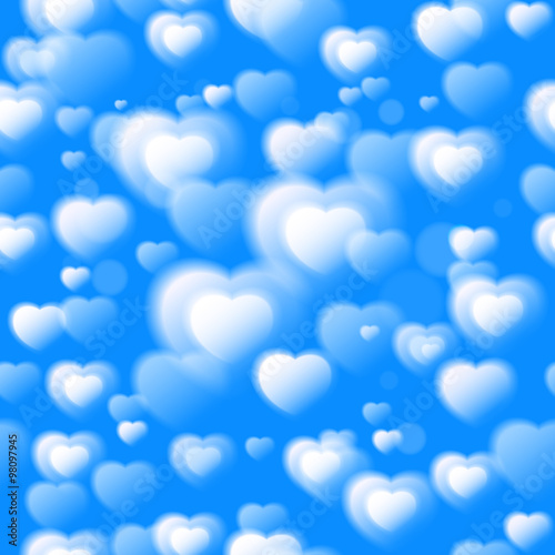 Hearts seamless pattern. Colorful fluffy hearts on sky blue background. Love. Valentine's Day background