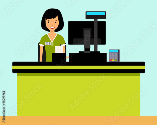 Happy girl cashier in the workplace. Vector illustration flat

