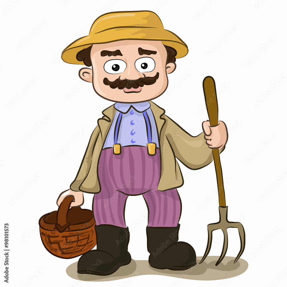Vector illustration of cartoon farmer with pitchfork and basket on ...