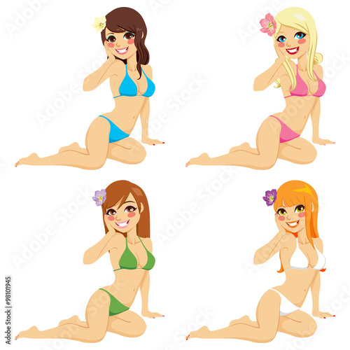 Four different women in different color bikini posing on same pin-up pose