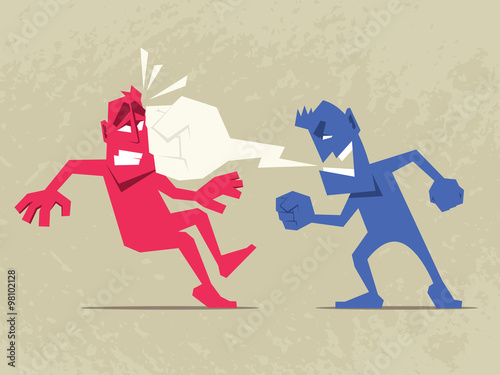 Brutal Dispute. Angry man shouting at another man. Speech bubble in form of fist.