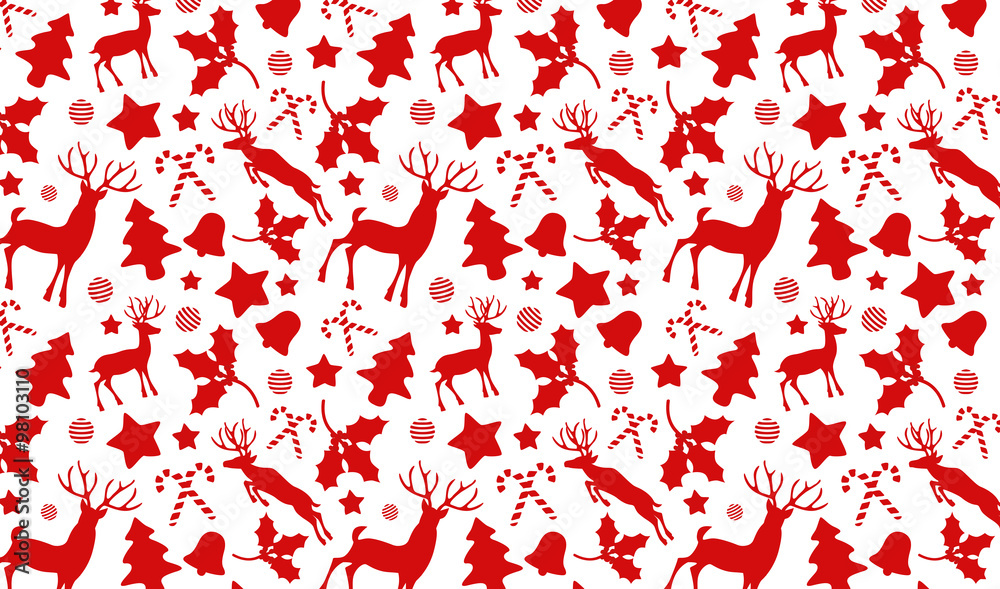 Christmas pattern background with reindeer and holly, bell, can Christmas pattern background with reindeer and holly, bell, can