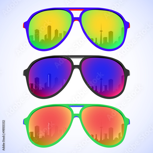 Trendy sunglasses with colorful lens and frame reflect sky city view in summer, vector illustration