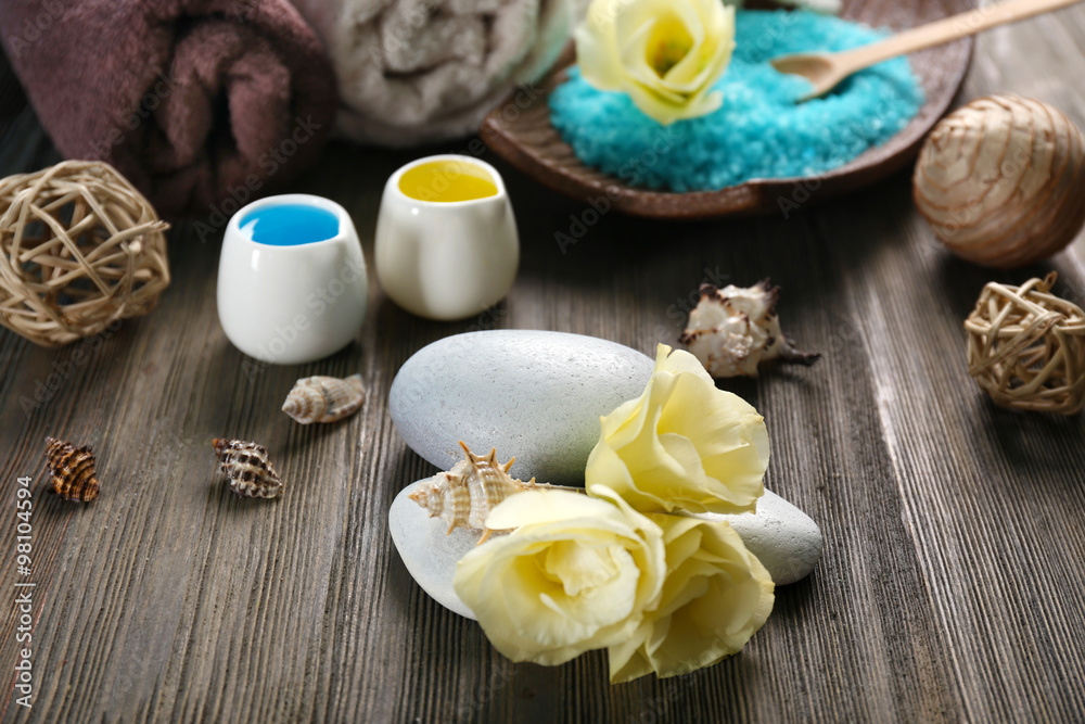 Spa set on wooden table closeup Spa set on wooden table closeup