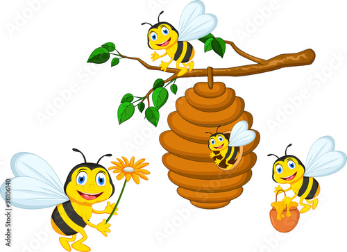 Bees cartoon holding flower and a beehive