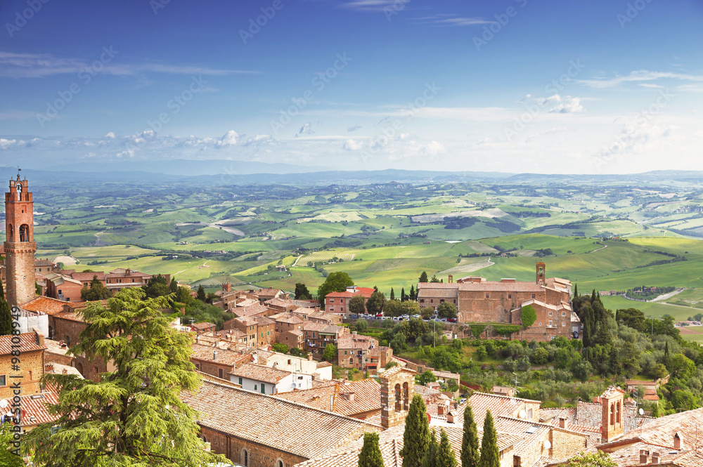 View of the medieval Italian town of Montalcino. Tuscany