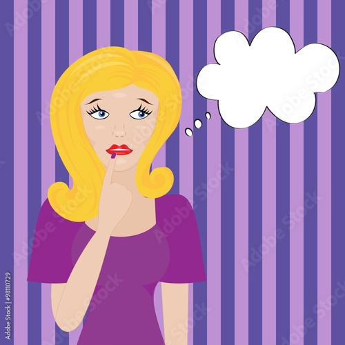 Thinking beautiful blonde woman and speech bubble. Vector illustration of muse