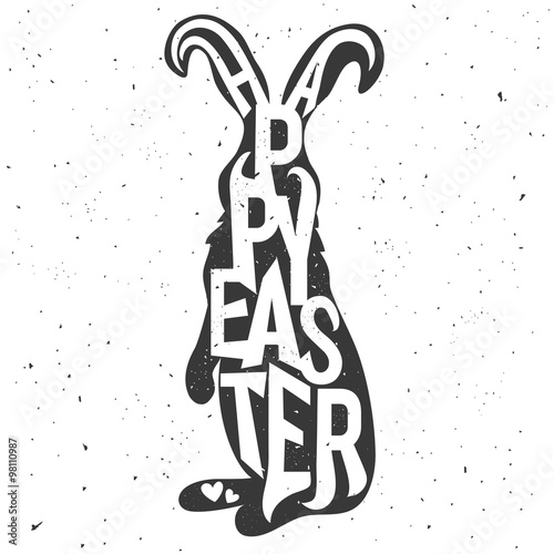 Vector vintage hand drawn style typography poster with standing easter bunny. Happy Easter