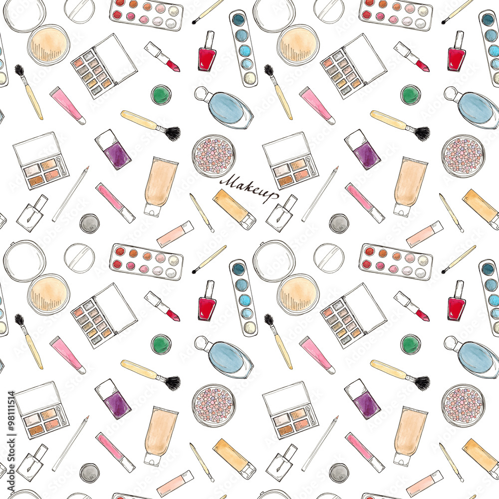Watercolor Hand drawn sketch seamless pattern of makeup accessories on white Watercolor Hand drawn sketch seamless pattern of makeup accessories on white