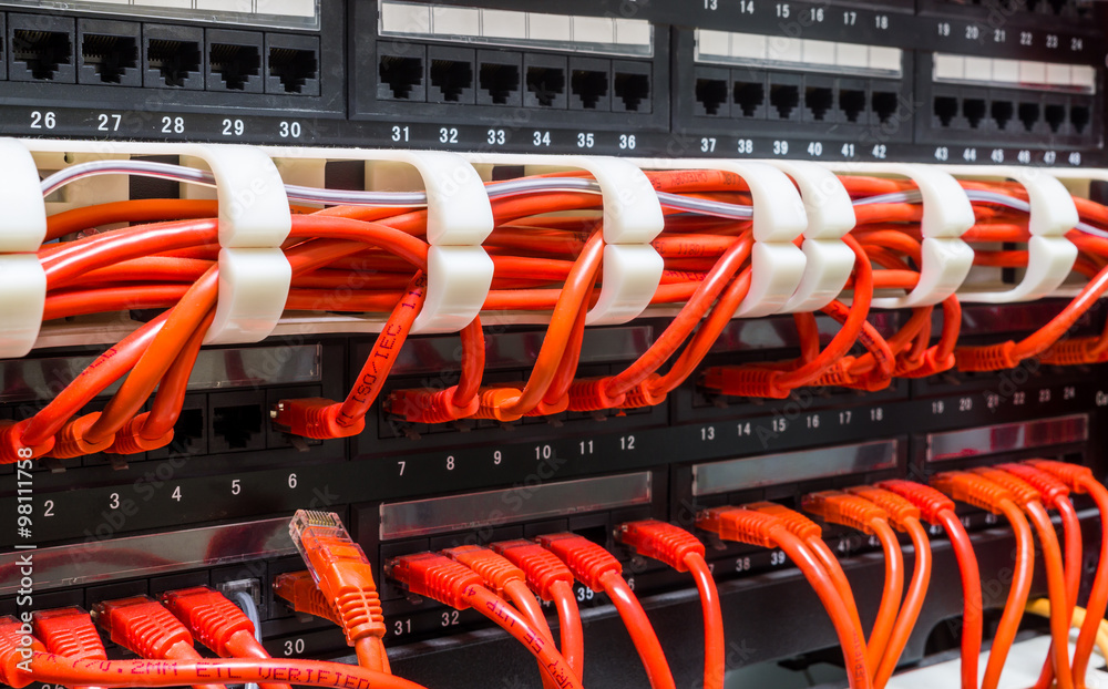 Close up of red network cables connected to switch