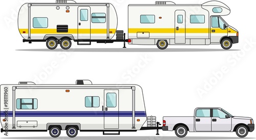 Set of car and travel trailers on a white background in flat style. Vector illustration