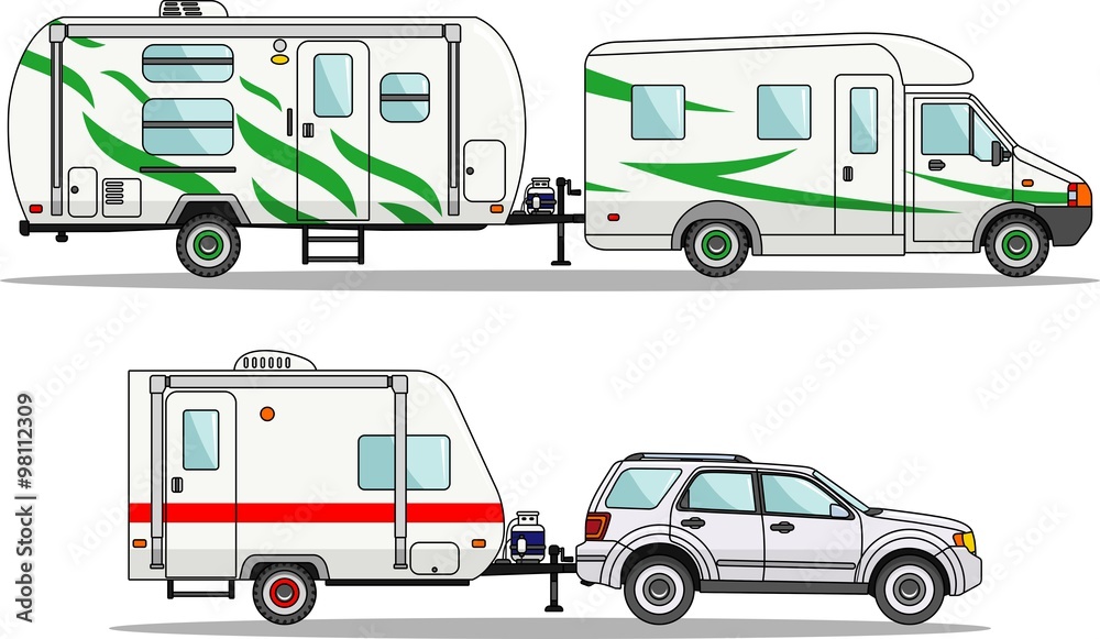 Fototapeta premium Set of car and travel trailers on a white background in flat style. Vector illustration