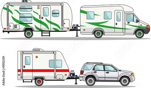 Set of car and travel trailers on a white background in flat style. Vector illustration