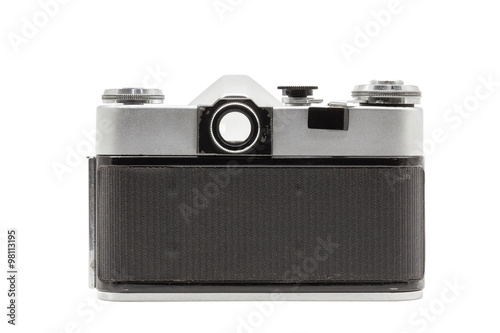 Retro soviet film camera isolated on white background. Soviet reflex camera. Back side view