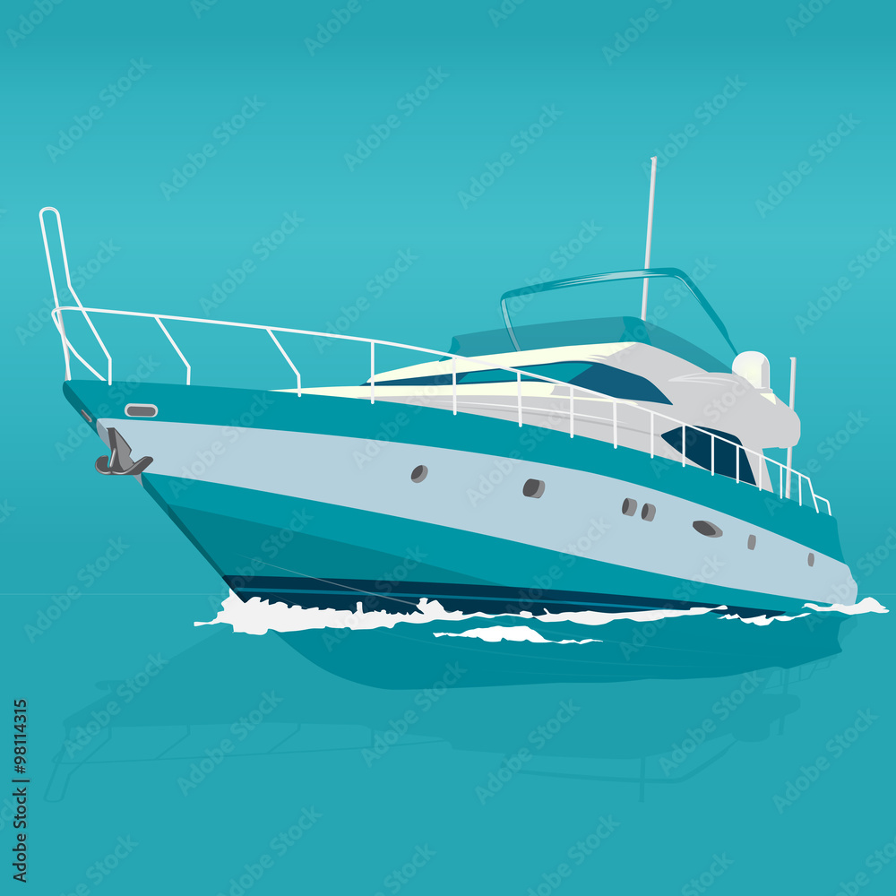 Fototapeta premium Nice blue motor boat on sea – fishing on a ship – background for poster – illustration for webpage - flatten isolated illustration master vector
