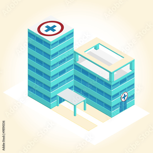 Nice medical isometric building illustration for scientific article web blog and presentation blue nice pharmacy pictogram clinic hospital chemistry flatten isolated illustration master vector