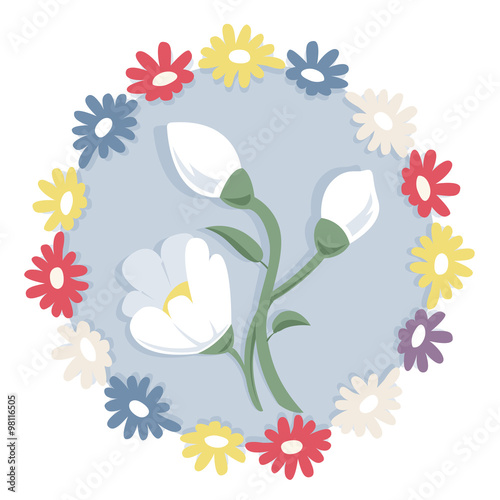 Lovely white flower snowdrop on blue circle - nice spring blossom country icon - background for Easter wish - group of yellow flowers in blue circle - flatten isolated illustration master vector
