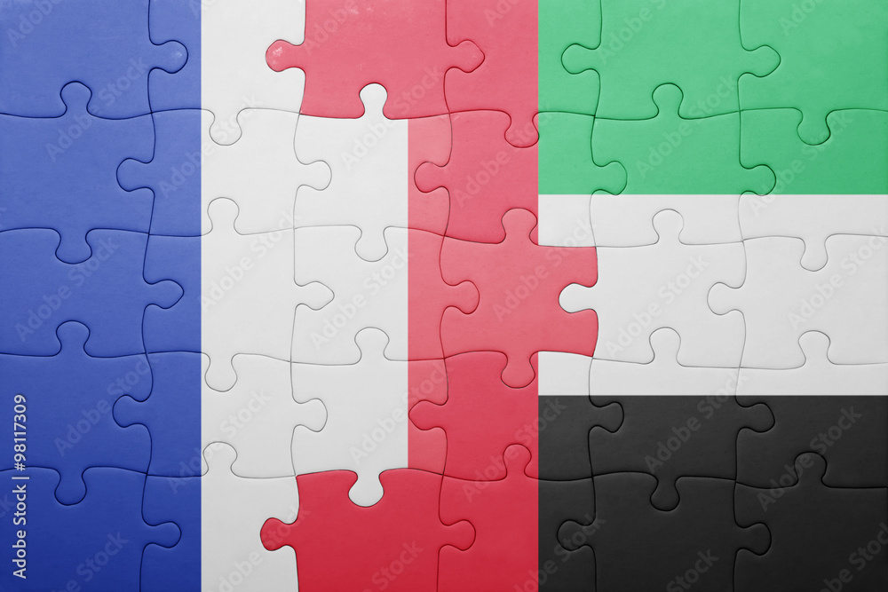puzzle with the national flag of united arab emirates and france puzzle with the national flag of united arab emirates and france