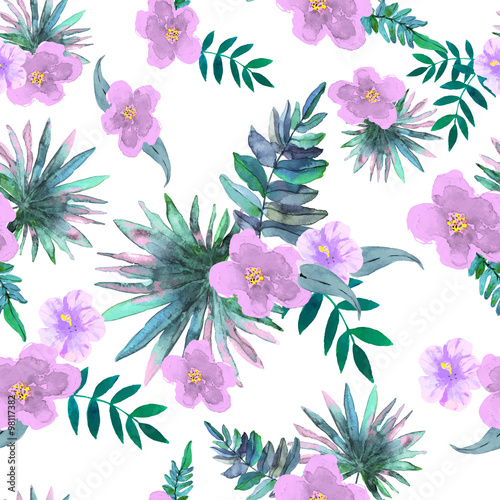 Fototapeta Naklejka Na Ścianę i Meble -  Seamless floral pattern with lilac flowers and palm leafs drawn watercolor.