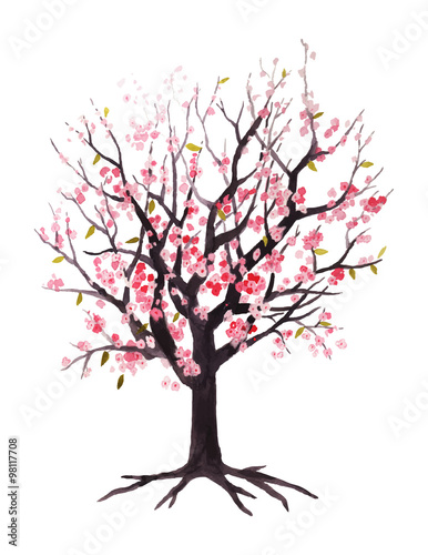 Tree with pink flowers drawn watercolor. Design for banners and cards.