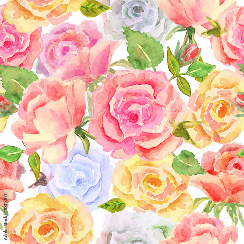 Floral seamless pattern with red, yellow and blue roses