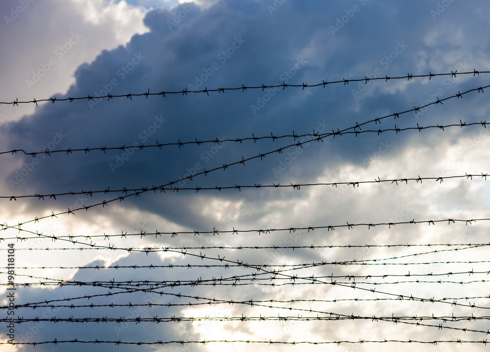 Barbed wire against the cloudy sky background Barbed wire against the cloudy sky background