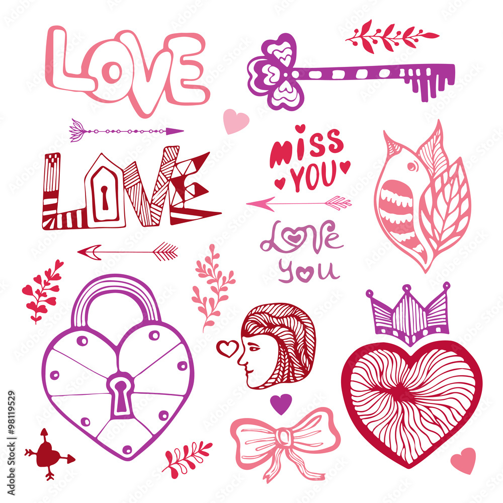 Happy Valentines day. Cute doodle collection with hearts, lettering and other vector elements for invitations, scrapbooks, cards, posters