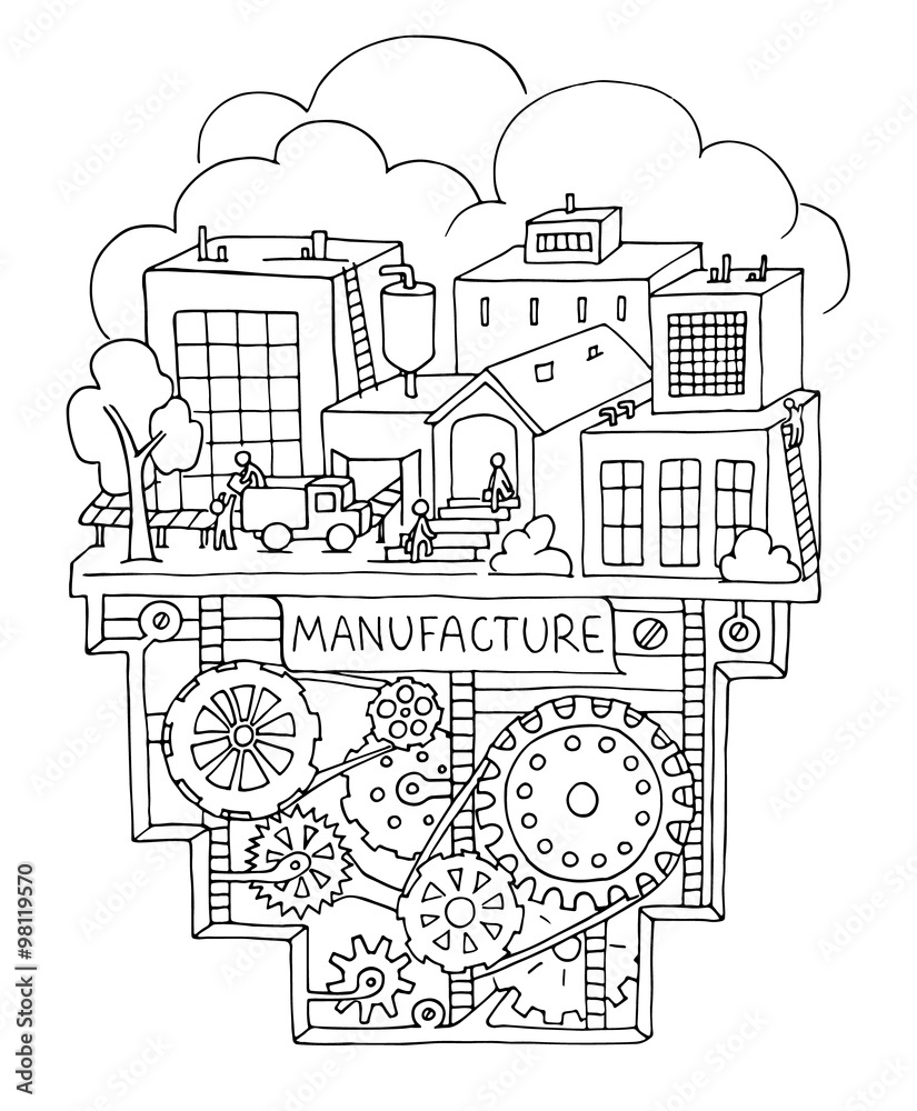 Sketch of factory work with working people, workshop, production. Doodle  manufacture, plant with machinery and gears. Hand drawn illustration for  business design. Stock Vector | Adobe Stock