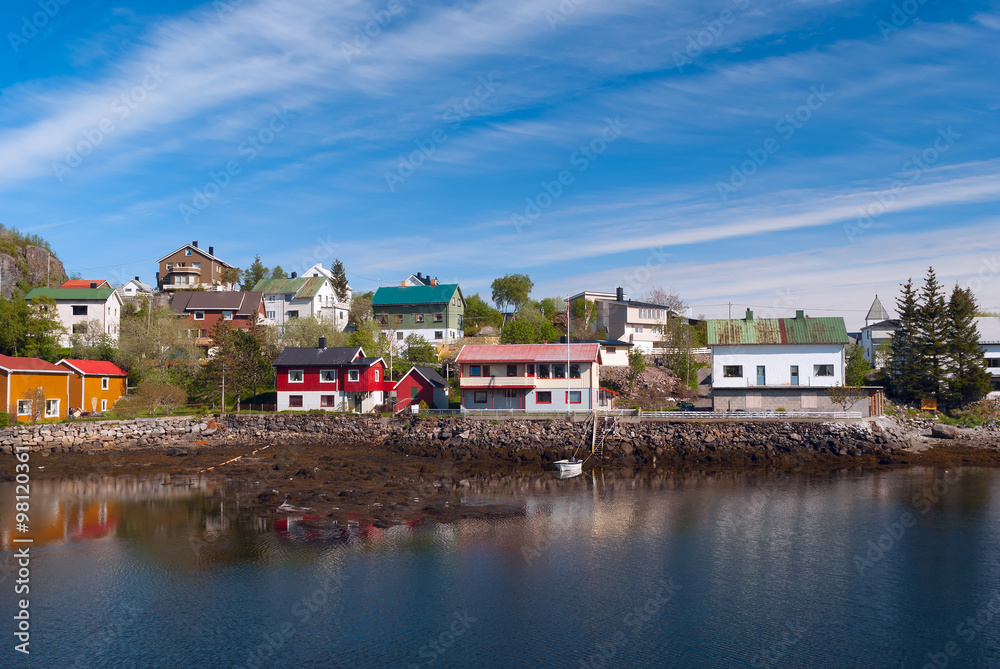 Village on the norwegian island in sunny day Village on the norwegian island in sunny day