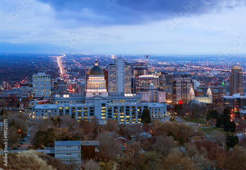 Panorama of the night in Salt Lake City in the winter before Chr