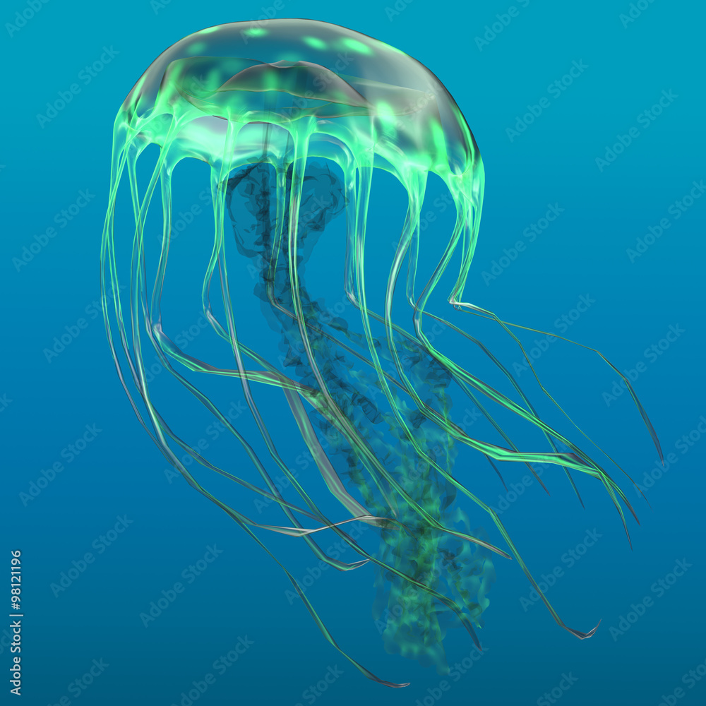 Naklejka premium Glow Green Jellyfish - The jellyfish is a predator of the oceans and feeds on small fish and zooplankton.