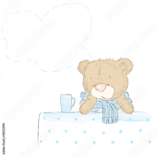 Cute bear at the table . Bored bear. Bear vector .
Bear with cloud for text.