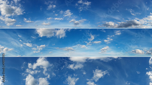 Three beautiful sky panoramas, cloudscape over horizon.