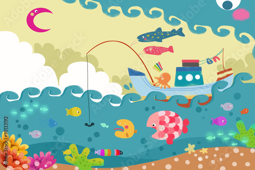 Illustration for Children: The Big Wave Monster is Chasing a Fishing Ship. Realistic Fantastic Cartoon Style Artwork / Story / Scene / Wallpaper / Background / Card Design © info@nextmars.com