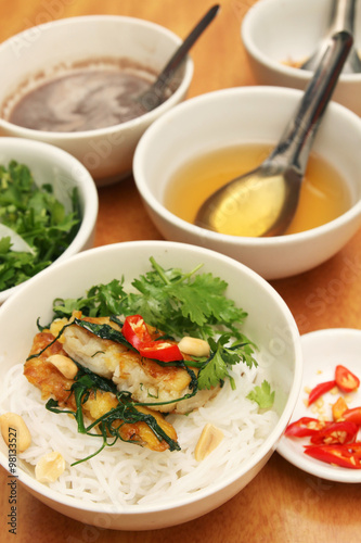 Vietnamese grilled turmeric fish with dill, Cha ca La vong, popular in Hanoi.