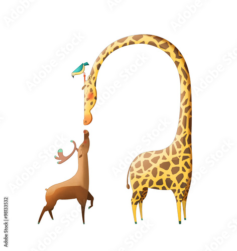 Illustration  The Amazing Deer and The Giraffe isolated on White Background. Realistic Fantastic Cartoon Style Artwork   Story   Scene   Wallpaper   Background   Card Design  