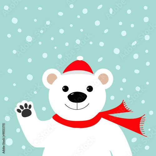 Big white polar bear in santa claus hat and scarf, waving hand paw. Merry Christmas Greeting Card. Blue background with snow. Flat design