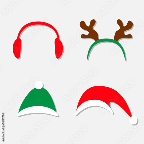 Christmas hat set. Antlers of a deer Red Headphones Isolated White background Flat design