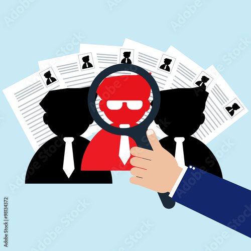 Businessman with magnifying glass selected right person for new