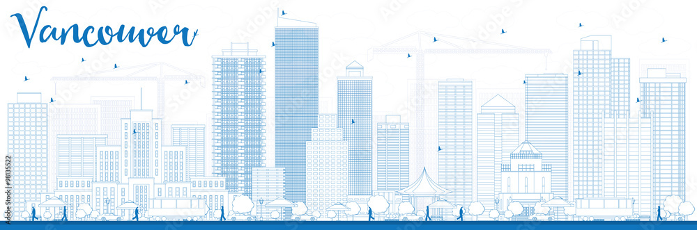 Fototapeta premium Outline Vancouver skyline with blue buildings. Some elements have transparency mode different from normal.